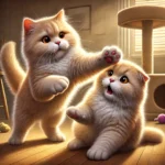 Dlaczego koty się biją? Inaczej: dlaczego koty się policzkują! DALL·E 2025-01-11 09.01.45 – A humorous and realistic illustration of two cats interacting. One cat is playfully slapping the other on the cheek with its paw, while the other cat